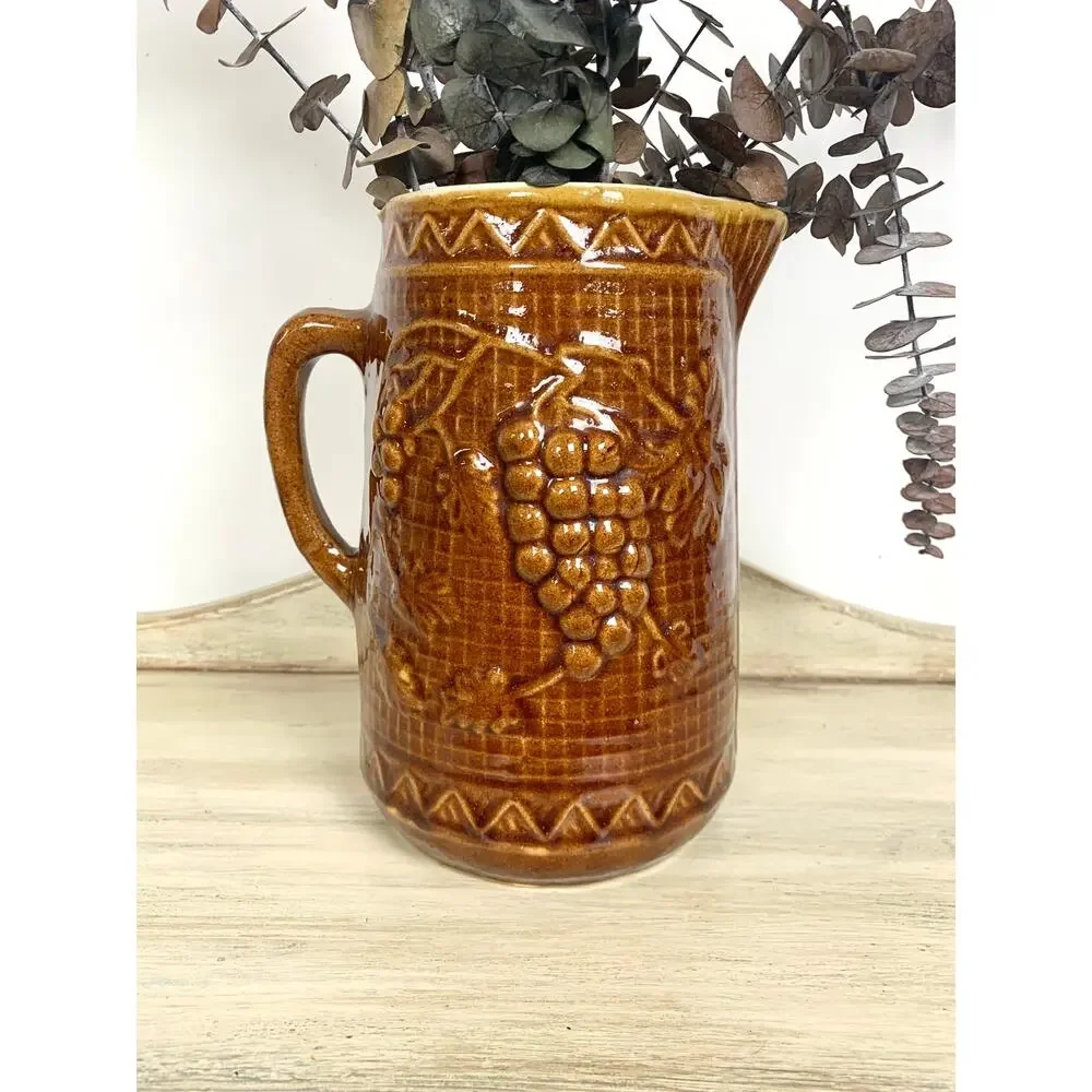 Antique North Star Stoneware Pitcher Brown Glaze Jug Vase Rustic Cottagecore